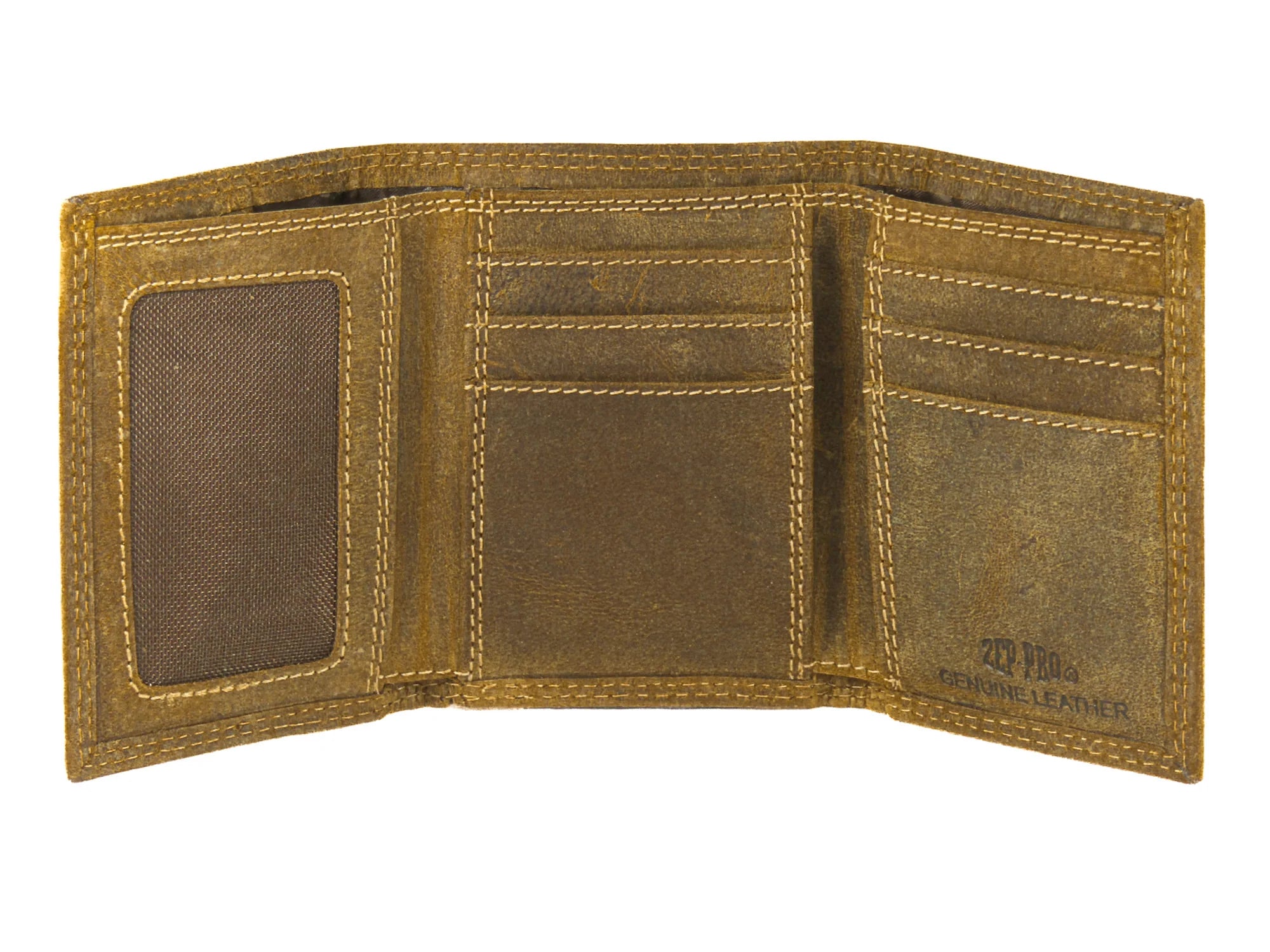 Zep Pro USA Flag Concho Vintage Tan Leather Tri-fold Wallet Inside view showing:
Vintage Tan Leather
6 interior credit card slots
2 interior pockets
1 ID window
2 bill/cash compartments