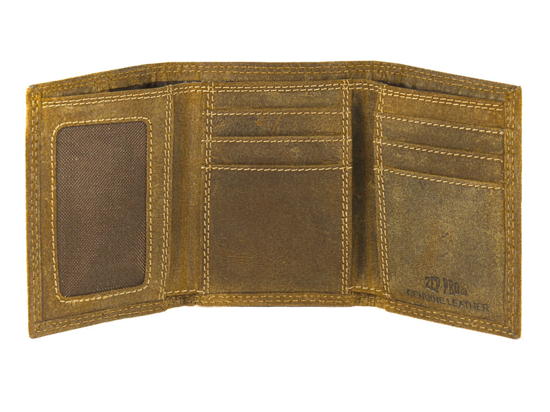 Inside view of lab vintage tan tri-fold wallet. Shows ID slot, credit card slots, and bills sleeve.