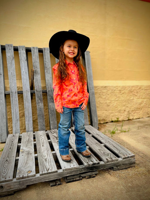 Girl's Wrangler 112344176 Coral Rodeo Print Long Sleeve Western Shirt