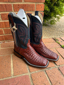 A pair of Anderson Bean square toe boots with rust-colored lux hornback caiman skin and regal blue kidskin tops. Side View