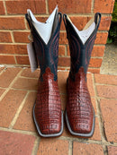 A pair of Anderson Bean square toe boots with rust-colored lux hornback caiman skin and regal blue kidskin tops.  Front View