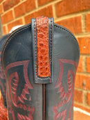 A pair of Anderson Bean square toe boots with rust-colored lux hornback caiman skin and regal blue kidskin tops. Featuring pull strap overlay details. 