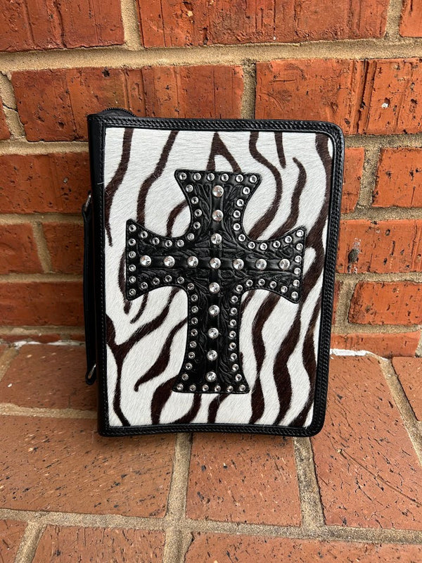 BI305 Zebra Cowhide Bible Cover With Studded Cross