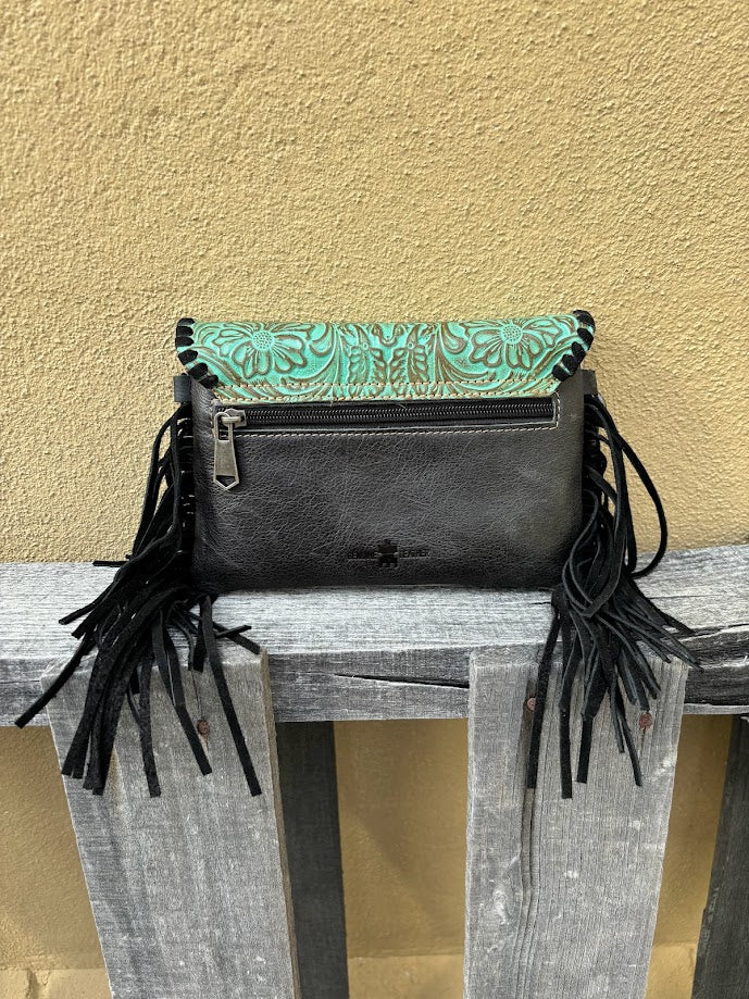Top Notch Accessories 3052TQ Black/Turquoise Cowhide Small Crossbody with Fringe