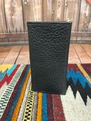 A black premium full grain leather checkbook wallet with pebble grain standing upright. Front exterior view.