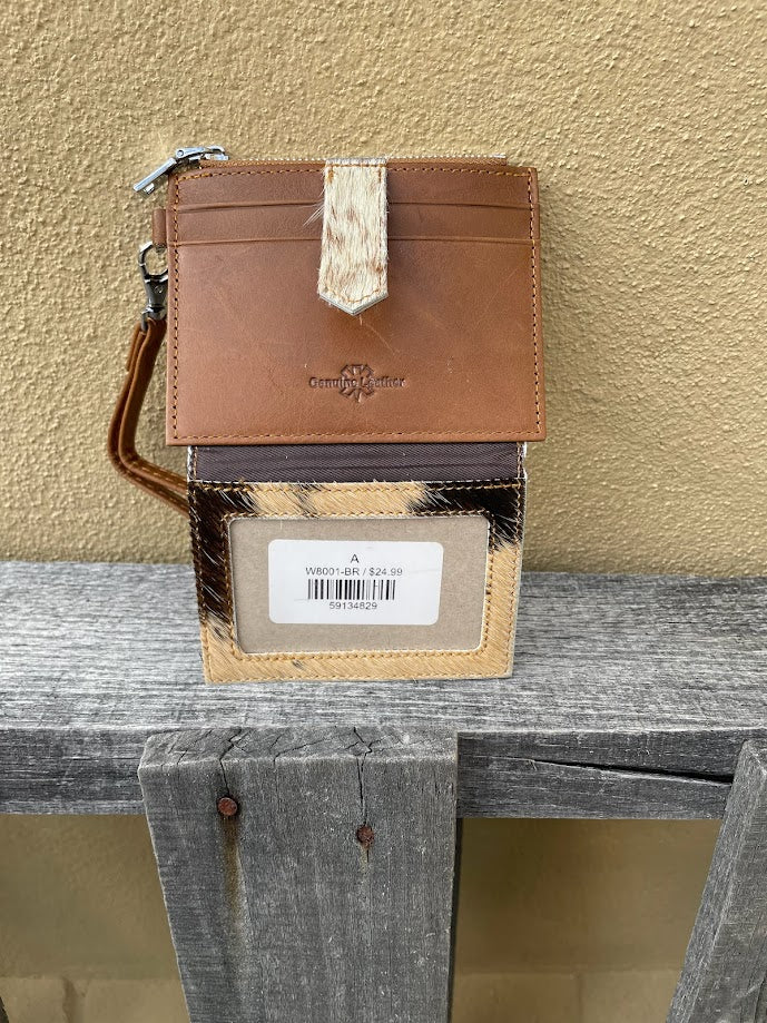 This Brown leather and cowhide wristlet wallet features six total card slots and a zippered pocket. Rear view showing three card slots and ID window. 