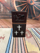 Brown leather checkbook wallet with an embossed praying cowboy design on top, and the bottom is basket weave featuring three hair- on crosses. Front View