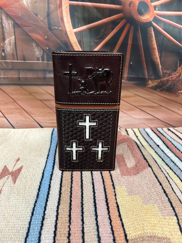 Top Notch Accessories 60204CF Coffee Embossed Praying Cowboy With 3 Hair-On Crosses Wallet