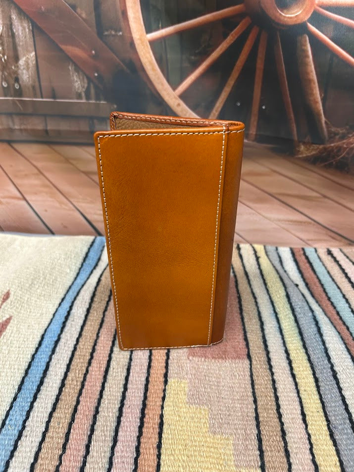 Light Brown tooled leather tall wallet with a Beige inlay. Rear View
