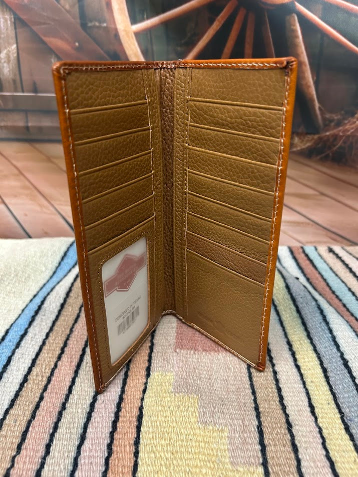 Light Brown tooled leather tall wallet with Turquoise inlay. Inside view showing multiple card slots, cash slots, and a ID window. 