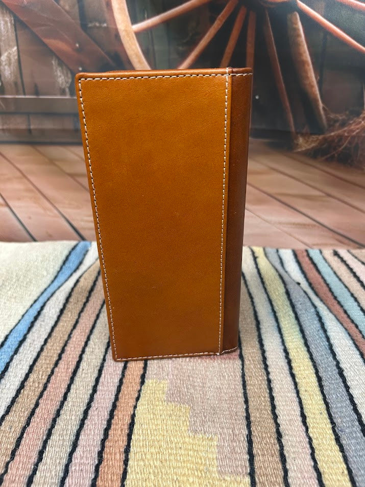 Light Brown tooled leather tall wallet with Turquoise inlay. Rear View