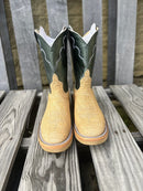 Men's Anderson Bean roper toe crepe sole Umber Bruciato Elephant boots with a 10" green velvet kidskin lustre shaft.  Front view