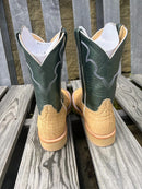 Men's Anderson Bean roper toe crepe sole Umber Bruciato Elephant boots with a 10" green velvet kidskin lustre shaft. Rear view