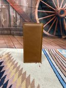 Brown leather tall wallet featuring a shotgun shell concho.  Rear View