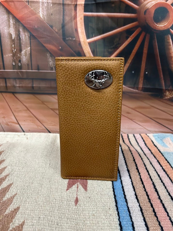 Men's brown leather tall checkbook wallet featuring a deer concho.  Front View