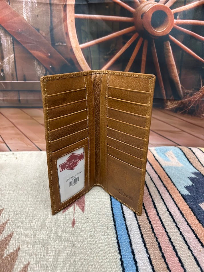 Men's brown leather tall checkbook wallet featuring a deer concho.  Inside View