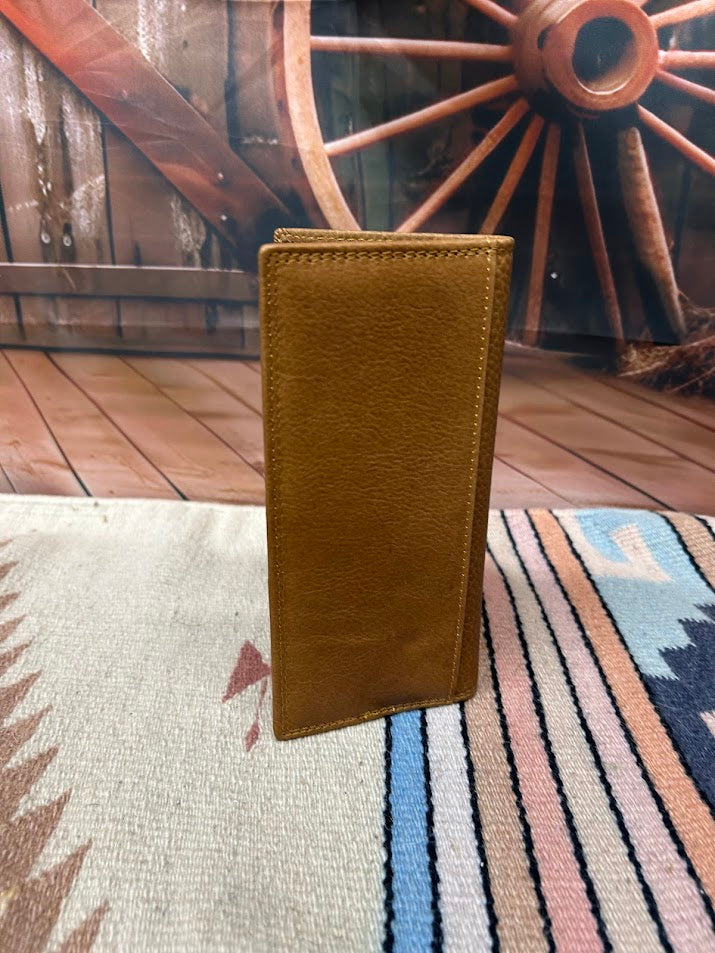 Men's brown leather tall checkbook wallet featuring a deer concho. Rear View