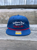 Southern Bred Apparel Co Oxford, MS navy cap with red rope.
Front View