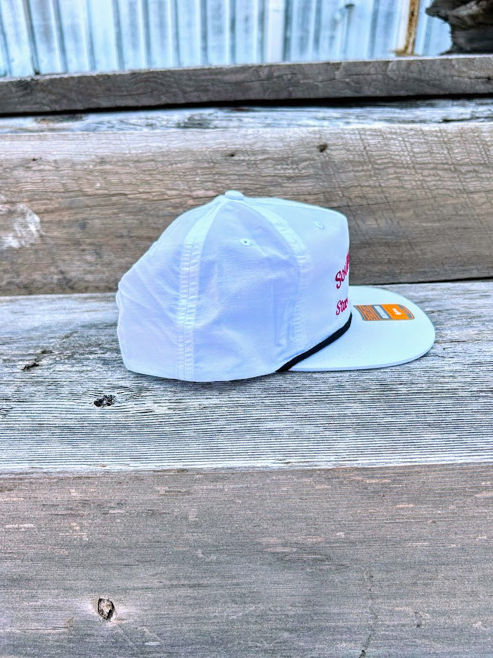 Southern Bred Apparel Co Starkville, MS white cap with black rope. 
Side View