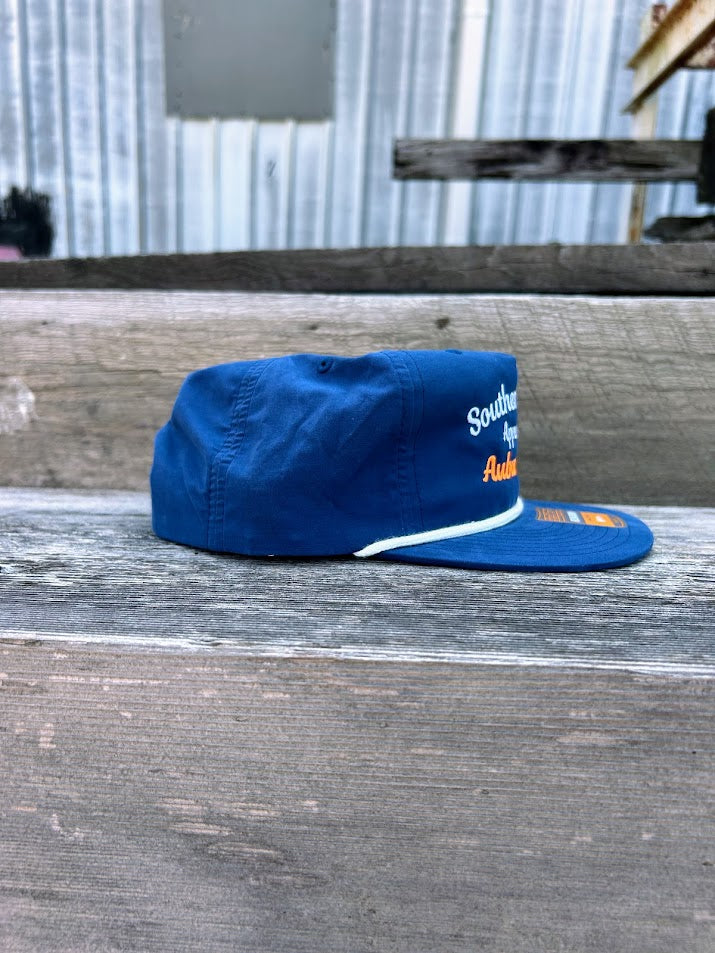 Southern Bred Apparel Co Auburn, AL navy cap with white rope. 
Side View