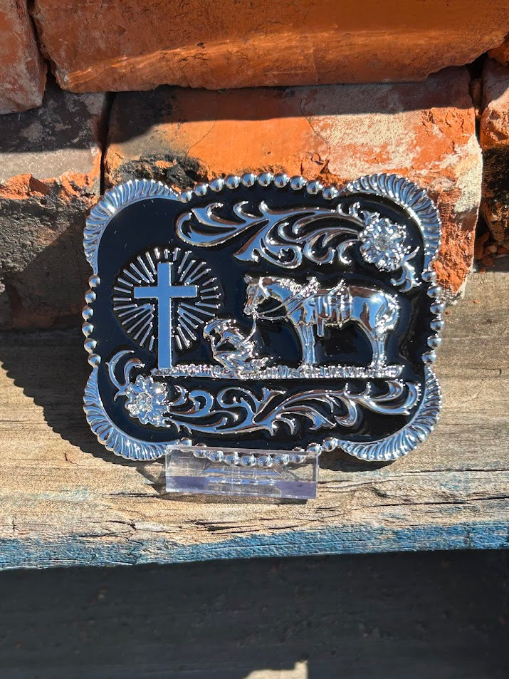 Silver and Black Praying Cowboy design western style belt buckle. 