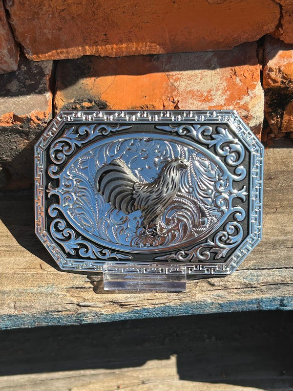 Silver and Black Rooster design belt buckle. 