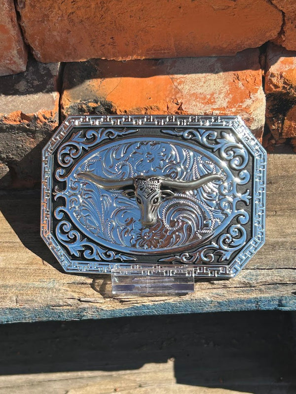 Silver and Black Longhorn design belt buckle. 