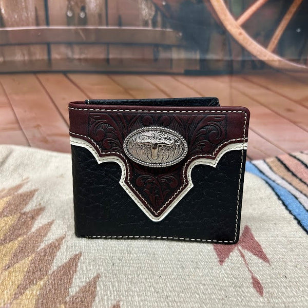 Black leather bifold wallet with Brown overlay and a Longhorn Concho. Front View