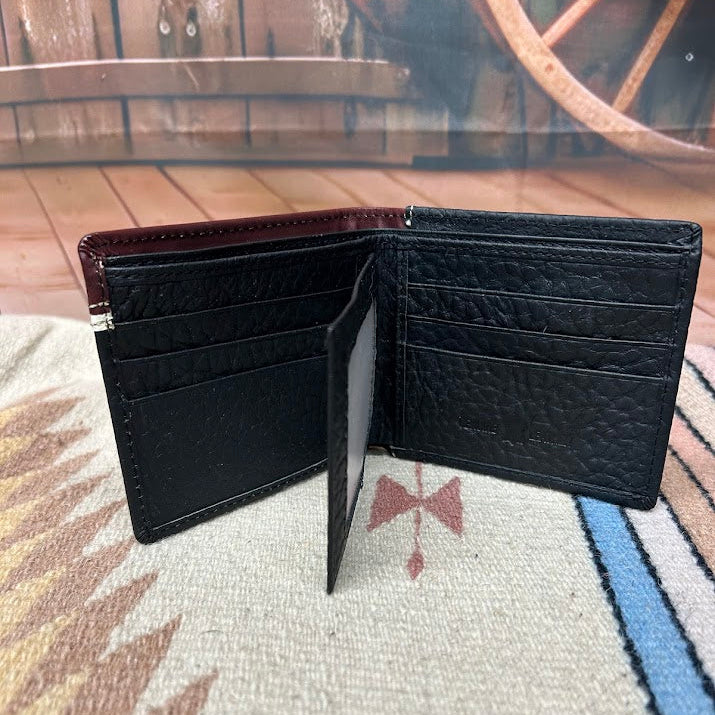 Black leather bifold wallet with Brown overlay and a Longhorn Concho. Inside view showing six card slots and two ID windows. 