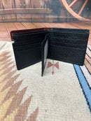 Black leather bi-fold wallet with Brown overlay and a Bull Rider Concho.  Inside view showing six card slots and two ID windows. 