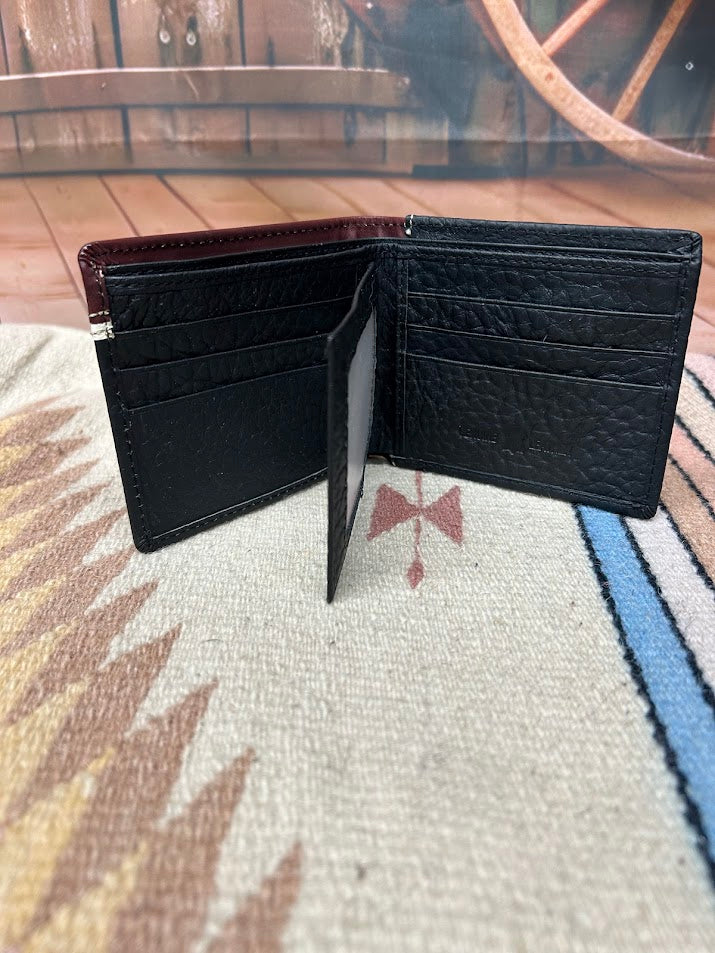 Black leather bi-fold wallet with Brown overlay and a Bull Rider Concho.  Inside view showing six card slots and two ID windows. 
