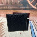 Black leather bifold wallet with Brown overlay and a Longhorn Concho. Rear view showing additional card slot. 