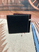 Black leather bi-fold wallet with Brown overlay and a Bull Rider Concho. Rear view showing additional card slot. 