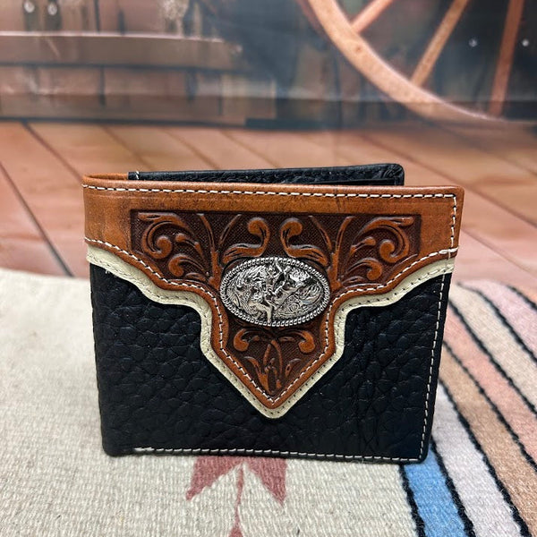 Black leather bi-fold wallet with Brown overlay and a Bull Rider Concho. Front View