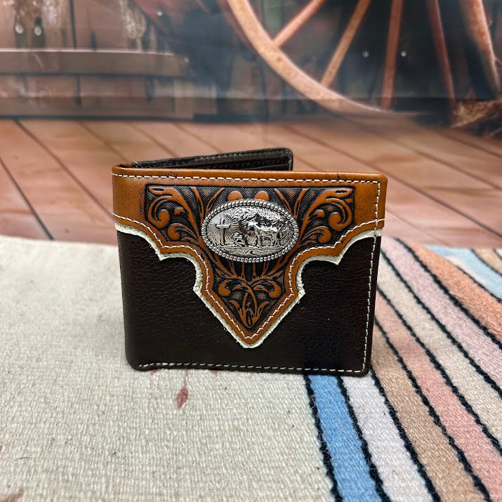 Brown leather bifold wallet with Brown overlay and a Praying Cowboy Concho. Front View