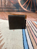 Brown leather bifold wallet with Brown overlay and a Praying Cowboy Concho. Rear view showing additional card slot. 