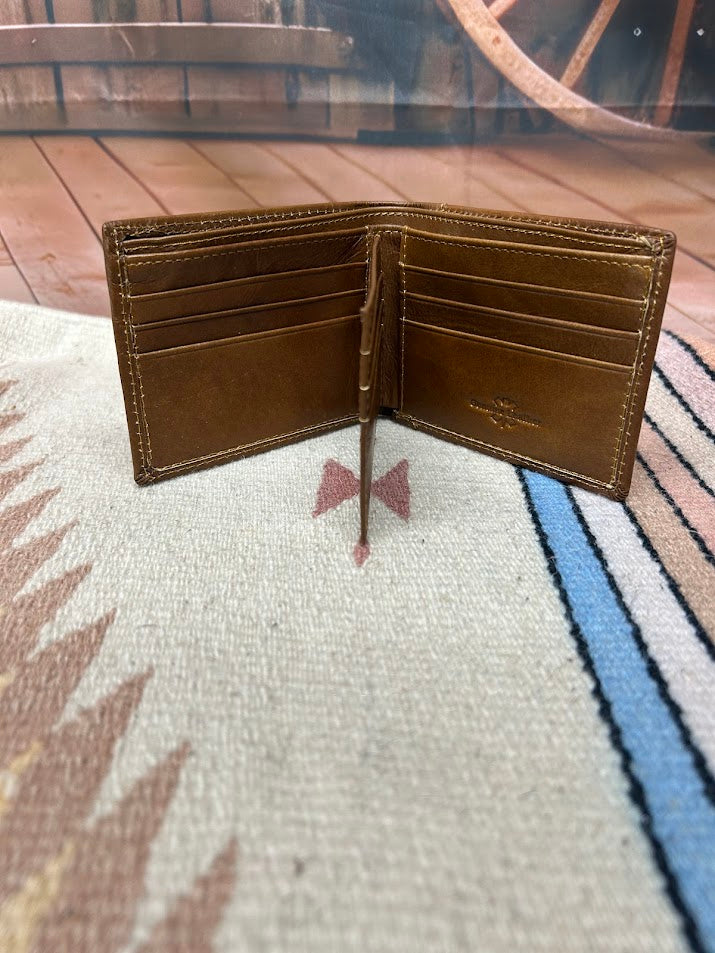This genuine leather bifold wallet in Brown from Top Notch Accessories features 9 card slots and a ID window. Inside view showing multiple card slots. 