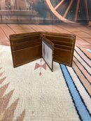 This genuine leather bifold wallet in Brown from Top Notch Accessories features 9 card slots and a ID window. Inside view showing card slots and ID window. 