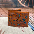 Light Brown tooled leather bifold wallet with a Turquoise inlay.  Front View