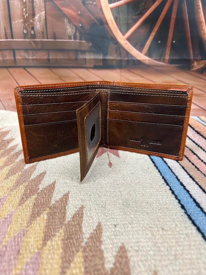 Light Brown tooled leather bifold wallet with a Turquoise inlay.  Inside view showing 6 card slots and a double ID window. 