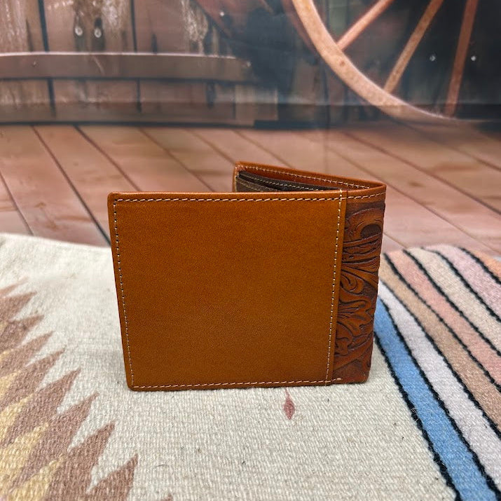 Light Brown tooled leather bifold wallet with a Turquoise inlay. Rear view showing additional card slot. 