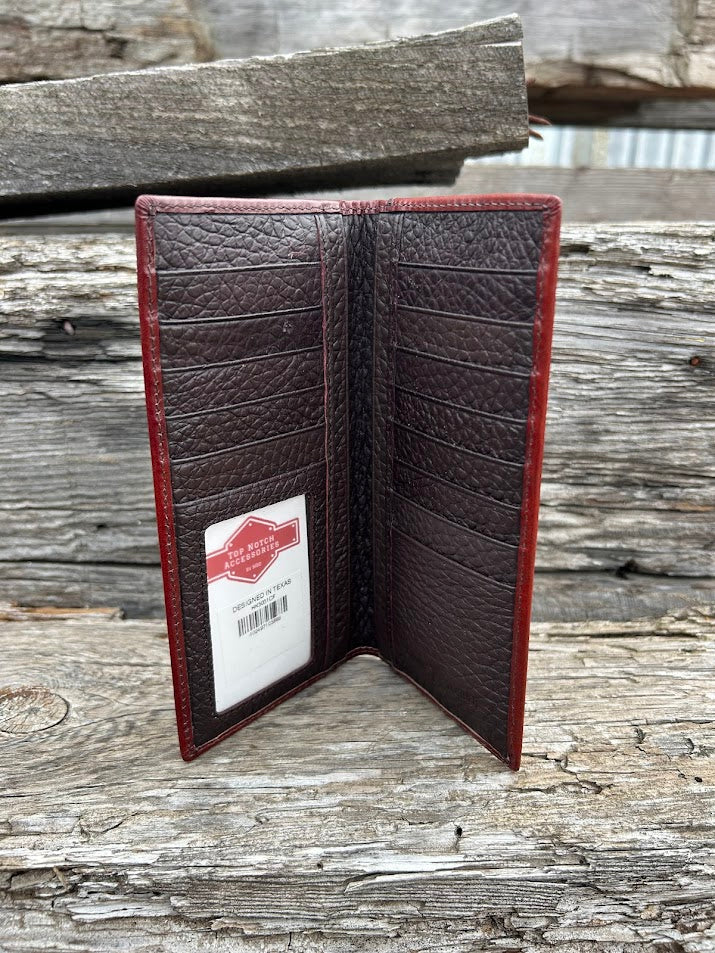 Coffee Brown basketweave leather wallet with a Praying Cowboy Concho on a cowhide inlay. Inside view showing ID window and multiple card slots. 