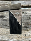 Black basketweave leather Tall wallet with a Bull Rider Concho on top right corner on top of Hair-On cowhide with Silver studs. Front View 