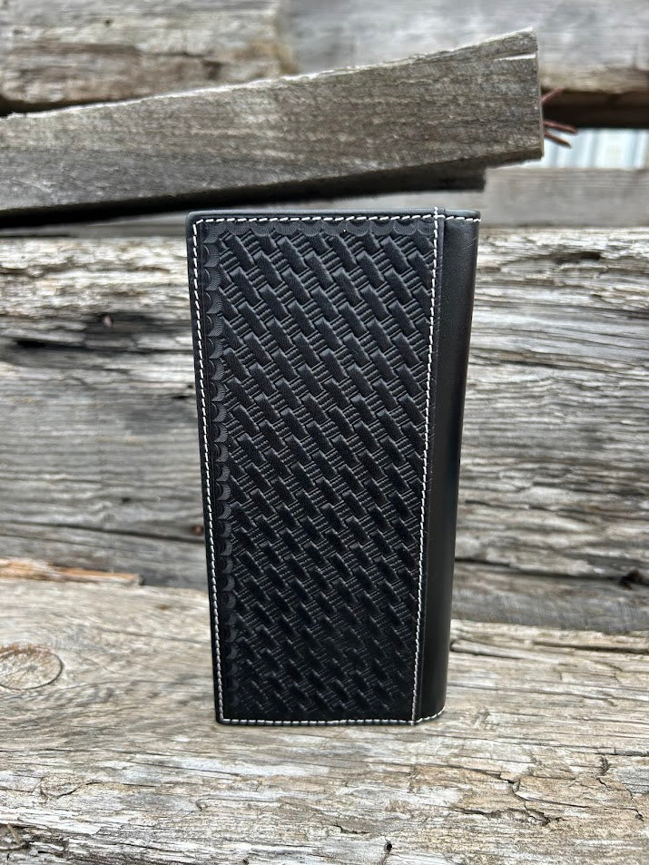 Black basketweave leather Tall wallet with a Bull Rider Concho on top right corner on top of Hair-On cowhide with Silver studs. Rear view showing a additional bill slot. 