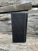 Black basketweave leather Tall wallet with a Bull Rider Concho on top right corner on top of Hair-On cowhide with Silver studs. Rear view showing a additional bill slot. 