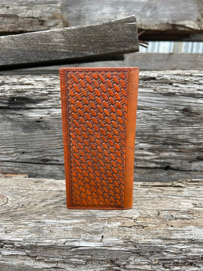 Brown basketweave leather tall wallet with Praying Cowboy Concho on  cowhide inlay. Rear View
