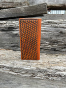 Brown Basketweave leather tall wallet with hair-on corner featuring a Longhorn Concho. Rear view showing additional bill slot. 