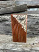  Brown Basketweave leather tall wallet with hair-on corner featuring a Longhorn Concho. Front View