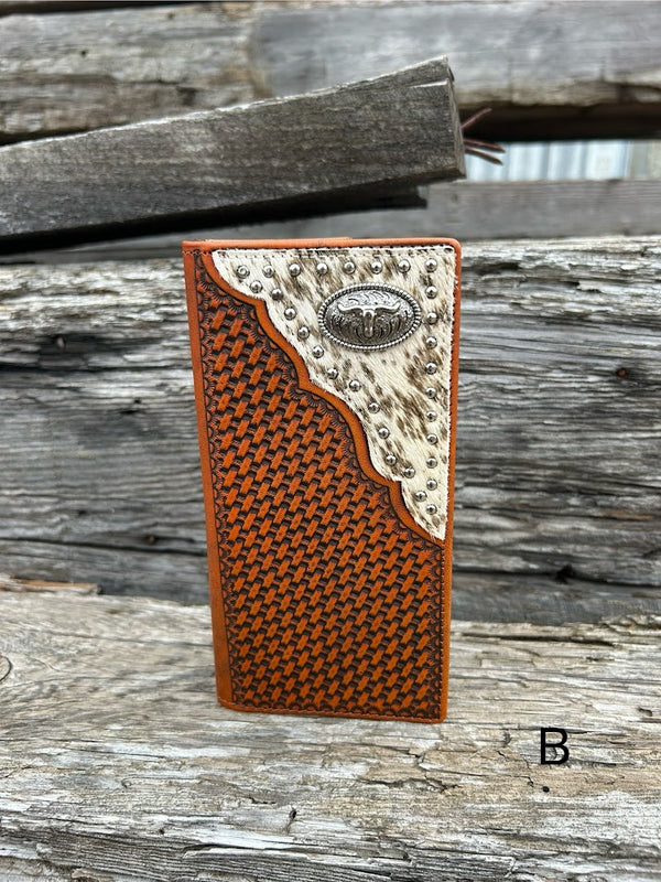  Brown Basketweave leather tall wallet with hair-on corner featuring a Longhorn Concho. Front View