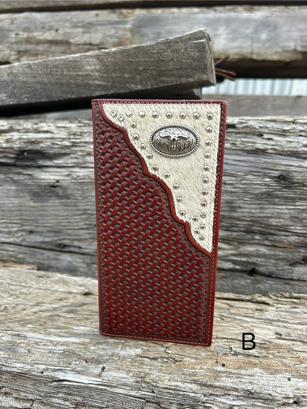 Coffee Brown basketweave leather tall wallet with hair-on corner featuring a Longhorn Concho. Front View